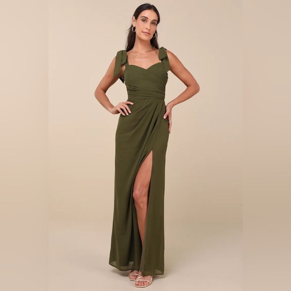 Lulus Gorgeous Whimsy Olive Pleated Off-the-Shoulder Maxi Dress